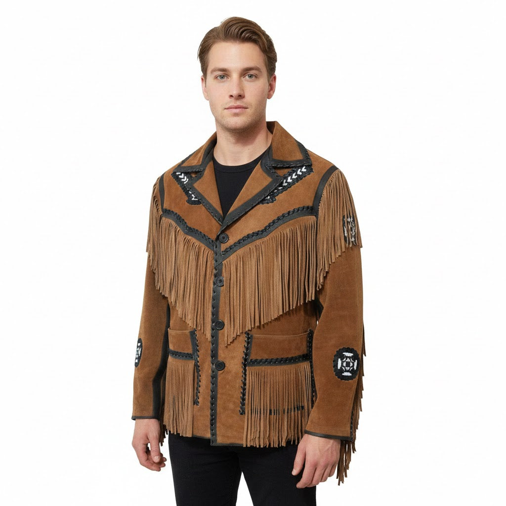 Western Brown Suede Leather Fringe Beaded Jacket Cowboy Jacket LWJ1630