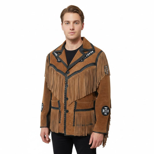 Western Brown Suede Leather Fringe Beaded Jacket Cowboy Jacket LWJ1630