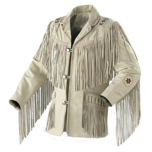 Western Beige Leather Fringe Beaded Jacket Cowboy Jacket LWJ201