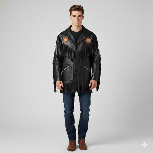 Man wearing a black leather jacket with fringes and patches on a gray background