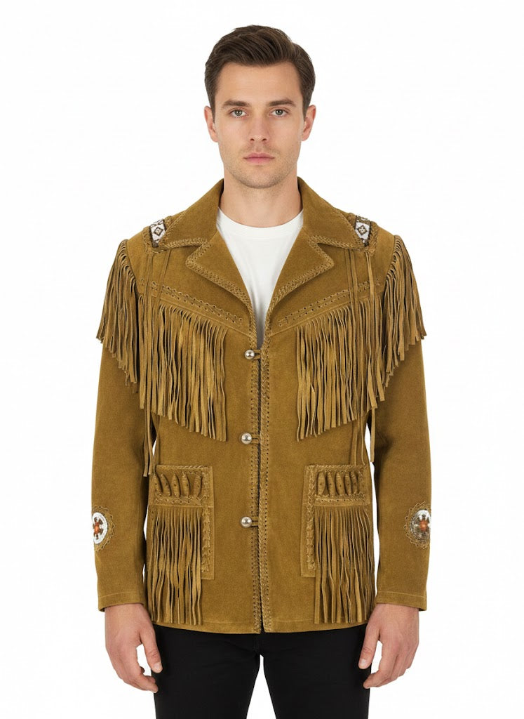 Man wearing a brown suede jacket with fringes on a white background