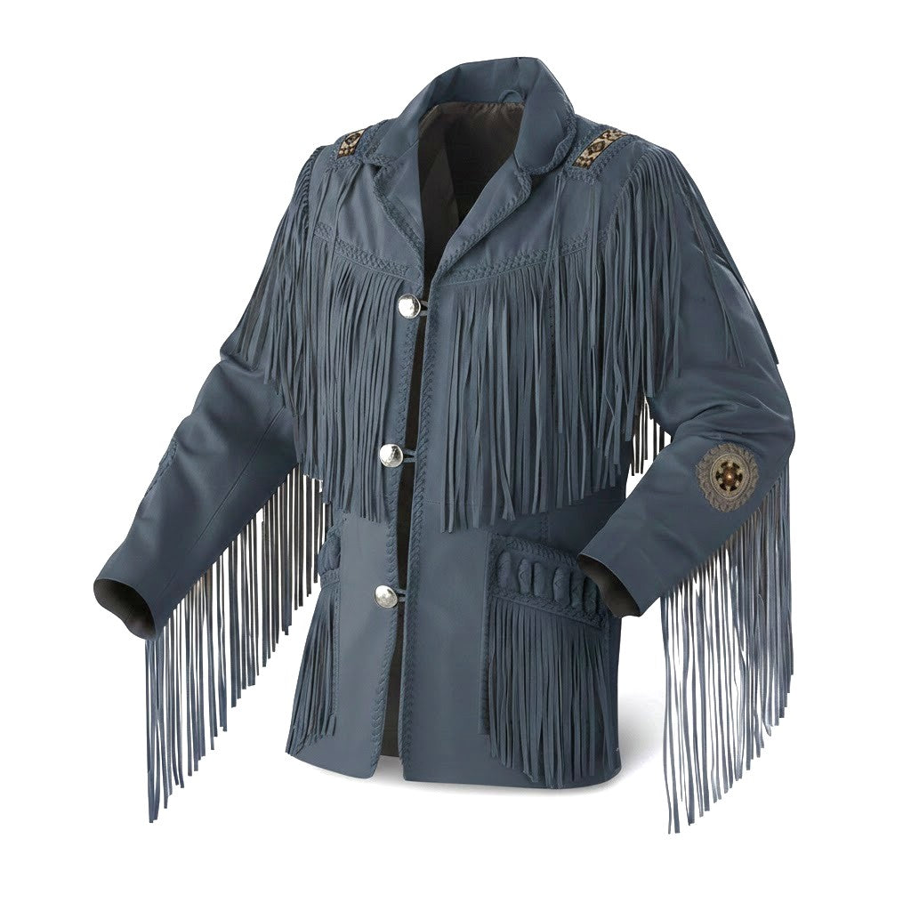 Black Suede Leather Fringe Beaded Jacket For Men