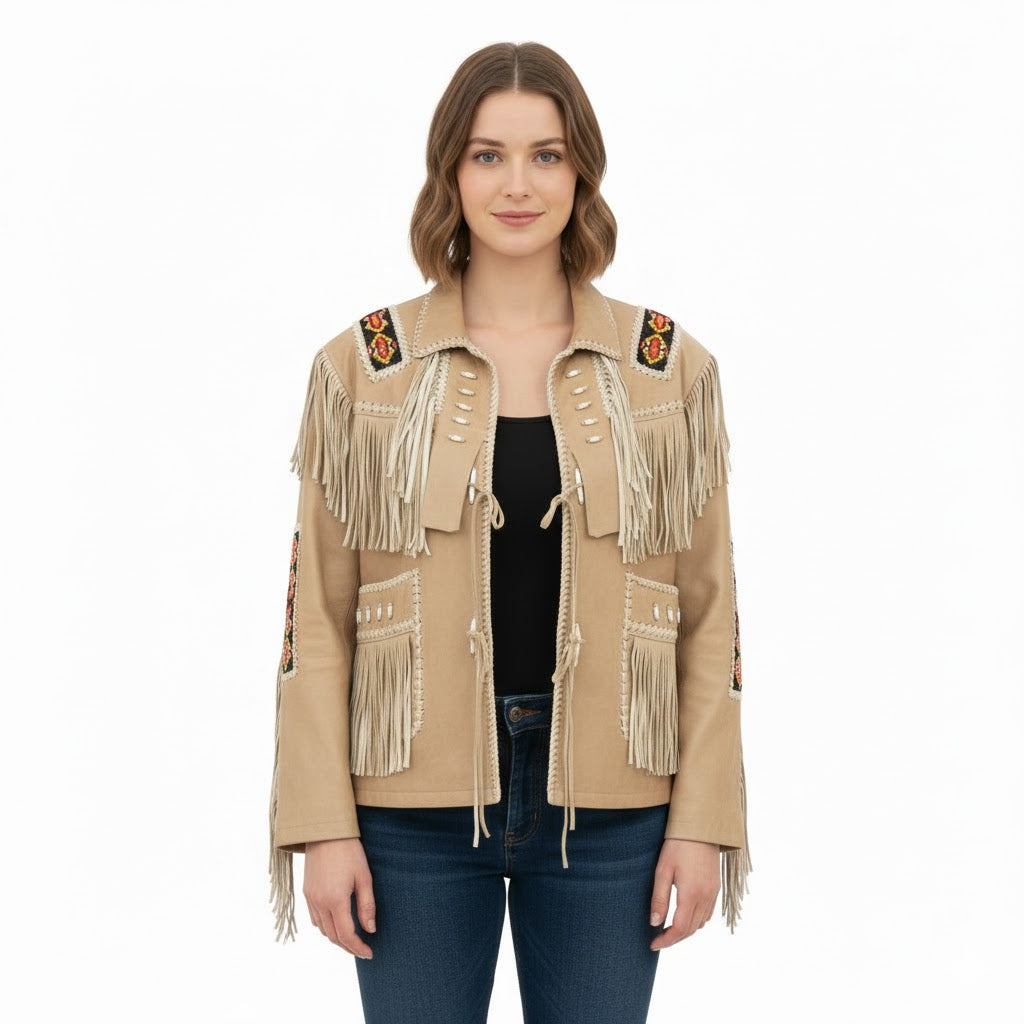 Women’s Western Beige Fringe Leather Jacket WFJ706