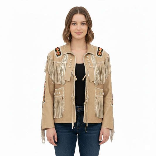 Women’s Western Beige Fringe Leather Jacket WFJ706
