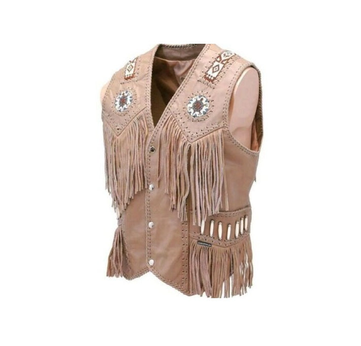 Beige leather vest with fringe and decorative elements on a white background