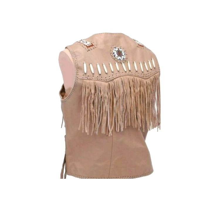 Beige leather vest with fringe and decorative elements on a white background