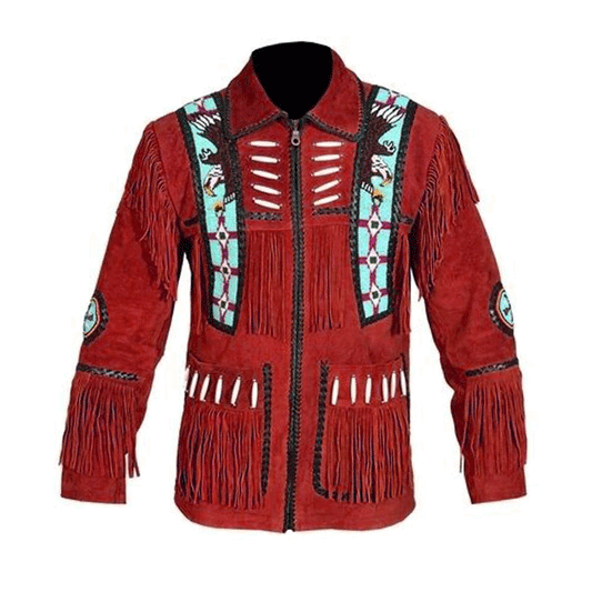 Western Red Suede Leather Fringe Eagle Beaded Jacket Cowboy Jacket LWJ6530