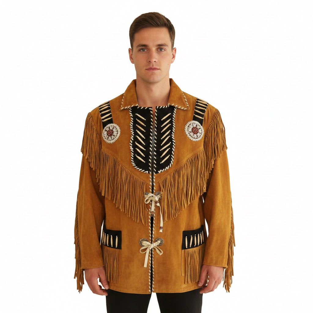 Man wearing a traditional fringed jacket with decorative elements on a white background