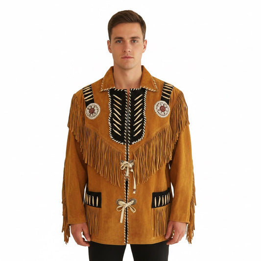 Man wearing a traditional fringed jacket with decorative elements on a white background