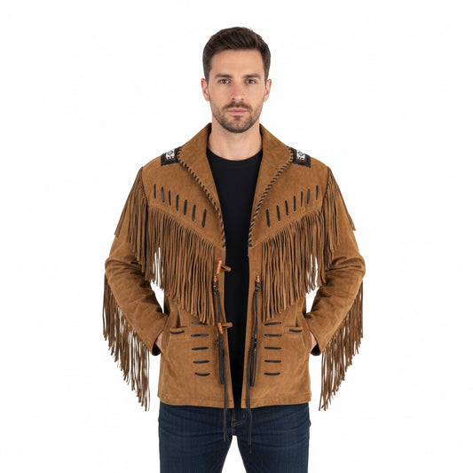 Man wearing a brown suede jacket with fringes on a white background