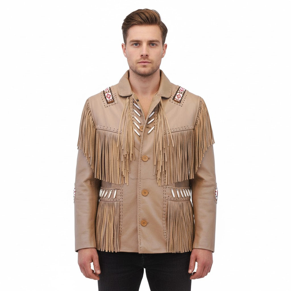 Man wearing a beige leather jacket with fringe and embroidery on a white background