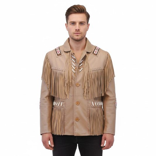 Man wearing a beige leather jacket with fringe and embroidery on a white background