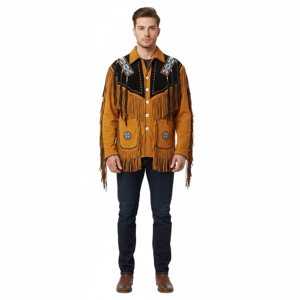 Man wearing a brown fringed jacket with decorative patterns on a white background