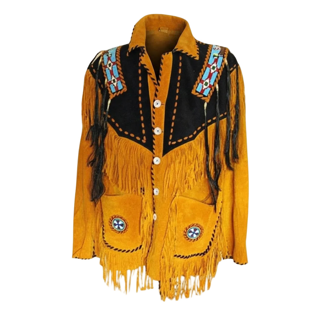 A brown suede fringe jacket with black leather yoke panels, turquoise and white geometric bead work on the shoulders, and white buttons, shown against a plain white background.