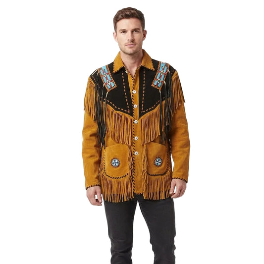 A man modeling a brown and black suede western-style jacket with extensive fringe, decorative beadwork, and embroidered details on the chest and pockets, paired with black pants against a white studio background.