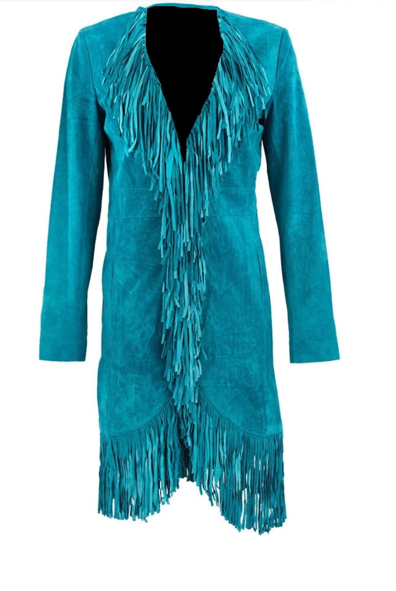 Western Fringe Turquoise Suede Coat Jacket for Women – Authentic Cowgirl Style TWJ733