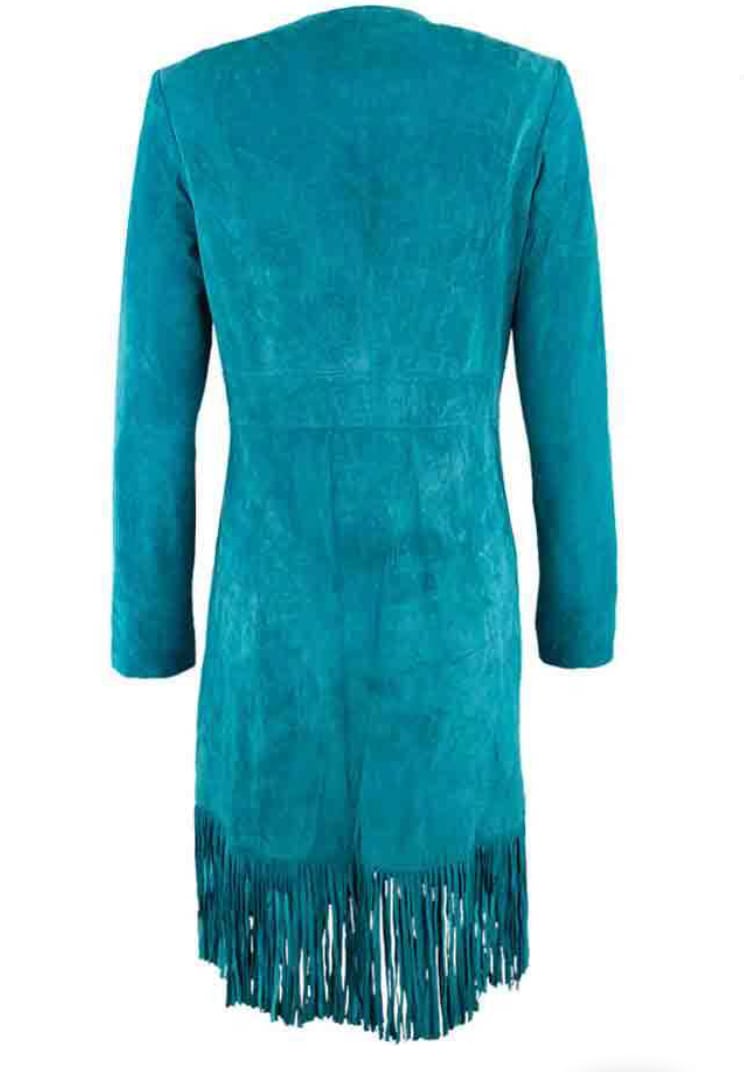 Western Fringe Turquoise Suede Coat Jacket for Women – Authentic Cowgirl Style TWJ733