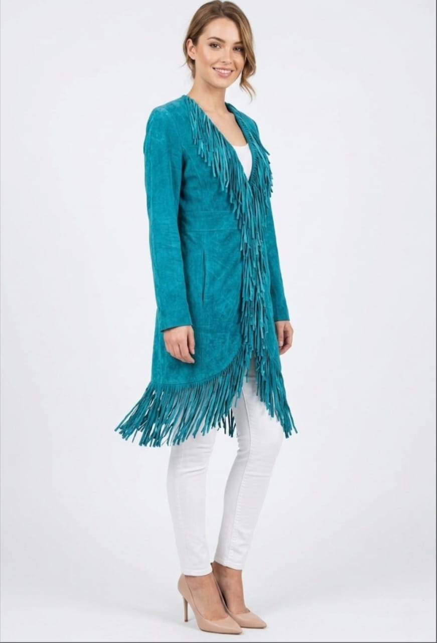 Western Fringe Turquoise Suede Coat Jacket for Women – Authentic Cowgirl Style TWJ733